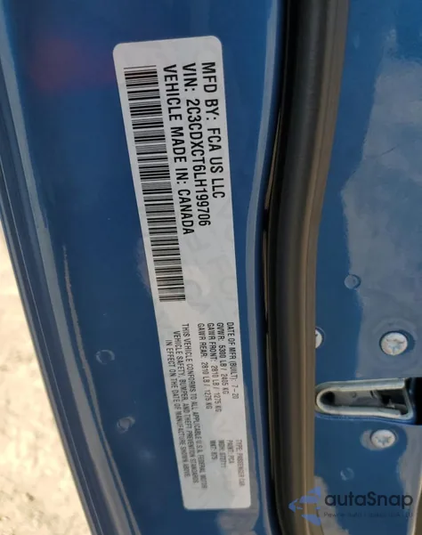 2020 Dodge Charger R/T z USA, uszkodzony, nr VIN 2C3CDXCT6LH199706